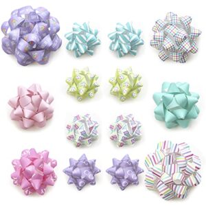 RUSPEPA Paper Birthday Gift Bow Assortment - Pink, Purple, Blue and Green Design for Birthday, Holiday, Party, Wedding, Baby Shower - Total 14 Bows, 3 Size