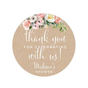 andaz press peach coral kraft brown rustic floral garden party wedding collection, personalized round circle label stickers, thank you for celebrating with us, 40-pack, custom name