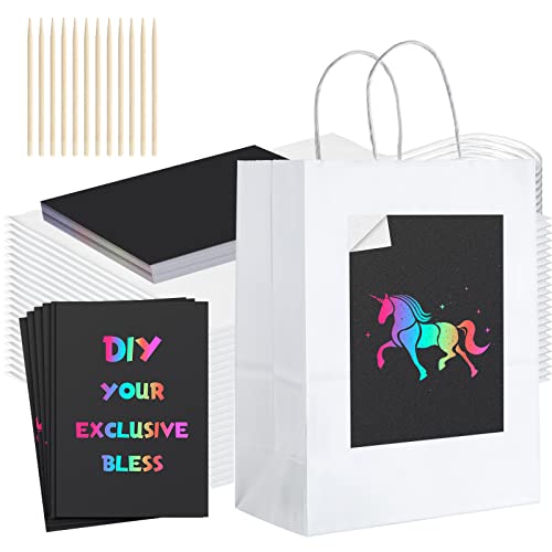 24 Pcs Paper Gift Bags with Scratch Paper Panel Sticker for Messages Medium Kraft Paper Bags with Handles Wedding Gift Bags Bulk DIY Party Gift Bag to Wrap Gifts (White)