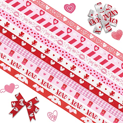 Estivaux 12 Rolls Happy Valentine's Day Ribbons 3/8" Wide Red Grosgrain Ribbon Pink Heart Ribbon Valentines Cupid Craft Ribbons for Gift Wrapping Valentines Wedding Anniversary Party Decor, 12 Yards