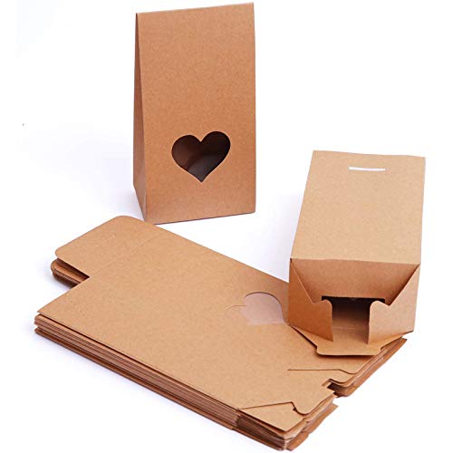 Cooraby 24 Pieces Heart Gift Boxes with Display Window Brown Paper Bags Gift Packaging Boxes Kraft Gift Candy Bags for Valentine's Day Christmas Party Decorations