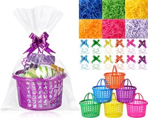 54 pieces easter clear basket bag set, 12 easter eggs baskets easter plastic round baskets, 18 assorted colors pull bows, 18 clear cellophane bags, 6 bags of raffia paper shreds for easter party