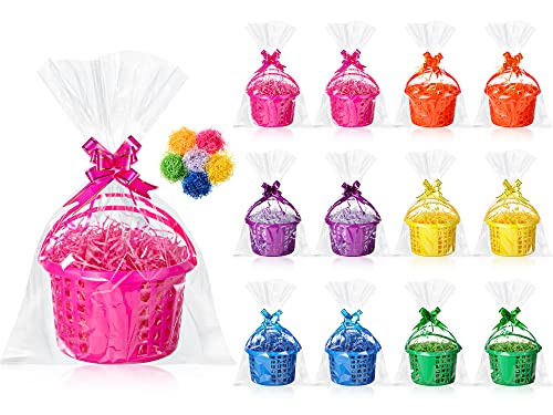 54 Pieces Easter Clear Basket Bag Set, 12 Easter Eggs Baskets Easter Plastic Round Baskets, 18 Assorted Colors Pull Bows, 18 Clear Cellophane Bags, 6 Bags of Raffia Paper Shreds for Easter Party