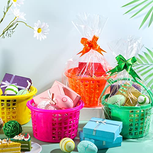 54 Pieces Easter Clear Basket Bag Set, 12 Easter Eggs Baskets Easter Plastic Round Baskets, 18 Assorted Colors Pull Bows, 18 Clear Cellophane Bags, 6 Bags of Raffia Paper Shreds for Easter Party