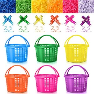 54 Pieces Easter Clear Basket Bag Set, 12 Easter Eggs Baskets Easter Plastic Round Baskets, 18 Assorted Colors Pull Bows, 18 Clear Cellophane Bags, 6 Bags of Raffia Paper Shreds for Easter Party