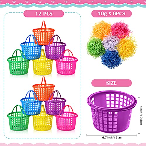 54 Pieces Easter Clear Basket Bag Set, 12 Easter Eggs Baskets Easter Plastic Round Baskets, 18 Assorted Colors Pull Bows, 18 Clear Cellophane Bags, 6 Bags of Raffia Paper Shreds for Easter Party