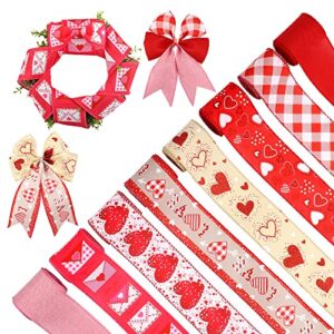 8 rolls heart burlap ribbon 2.5″ valentine’s day ribbon red pink buffalo plaid wired edge heart love ribbon for gift wrapping wedding anniversary home decor floral bows wreath craft and diy, 40 yards