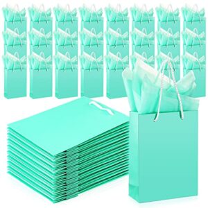 24 pack small heavy duty teal blue paper gift bags with handles and blue tissue paper thick small turquoise party favor gift bags for birthday wedding baby shower, 6 x 7.8 x 2.4 inch