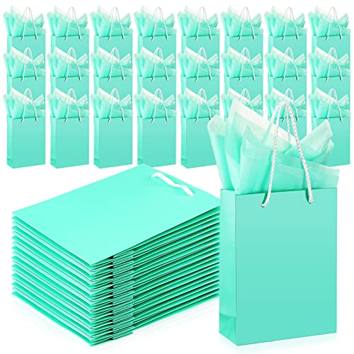 24 Pack Small Heavy Duty Teal Blue Paper Gift Bags with Handles and Blue Tissue Paper Thick Small Turquoise Party Favor Gift Bags for Birthday Wedding Baby Shower, 6 x 7.8 x 2.4 Inch