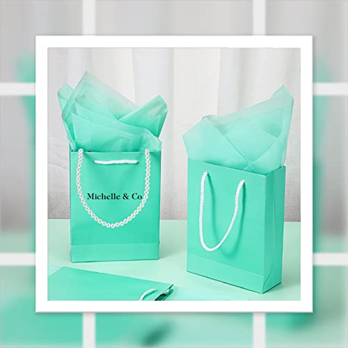 24 Pack Small Heavy Duty Teal Blue Paper Gift Bags with Handles and Blue Tissue Paper Thick Small Turquoise Party Favor Gift Bags for Birthday Wedding Baby Shower, 6 x 7.8 x 2.4 Inch