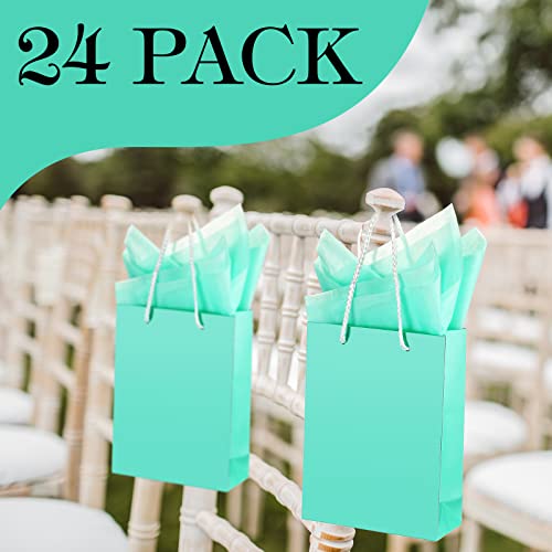 24 Pack Small Heavy Duty Teal Blue Paper Gift Bags with Handles and Blue Tissue Paper Thick Small Turquoise Party Favor Gift Bags for Birthday Wedding Baby Shower, 6 x 7.8 x 2.4 Inch