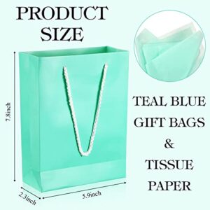 24 Pack Small Heavy Duty Teal Blue Paper Gift Bags with Handles and Blue Tissue Paper Thick Small Turquoise Party Favor Gift Bags for Birthday Wedding Baby Shower, 6 x 7.8 x 2.4 Inch