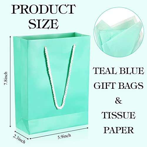 24 Pack Small Heavy Duty Teal Blue Paper Gift Bags with Handles and Blue Tissue Paper Thick Small Turquoise Party Favor Gift Bags for Birthday Wedding Baby Shower, 6 x 7.8 x 2.4 Inch