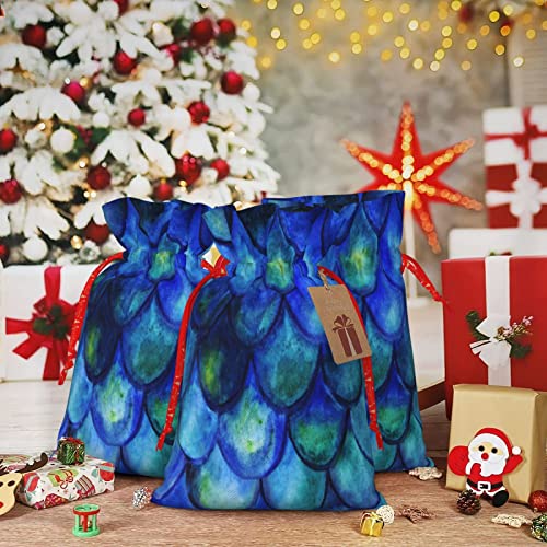 Drawstrings Christmas Gift Bags Watercolor-Blue-Fish-Scales Presents Wrapping Bags Xmas Gift Wrapping Sacks Pouches Medium