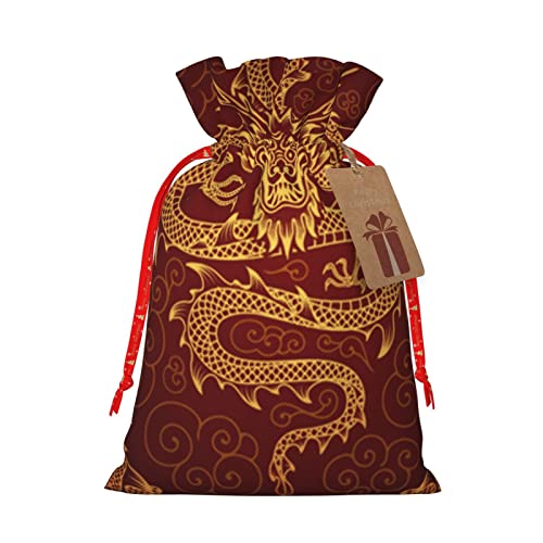 Drawstrings Christmas Gift Bags Gold-Dragons-Red Presents Wrapping Bags Xmas Gift Wrapping Sacks Pouches Medium