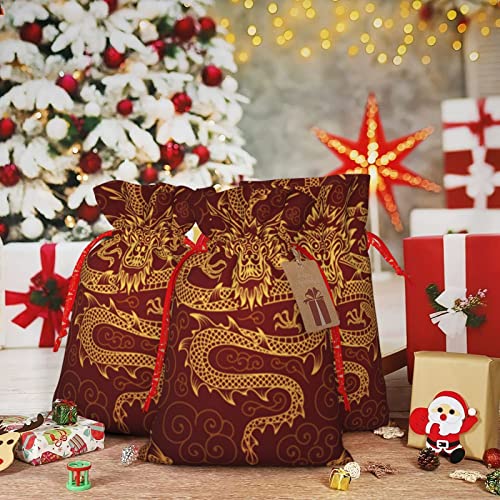 Drawstrings Christmas Gift Bags Gold-Dragons-Red Presents Wrapping Bags Xmas Gift Wrapping Sacks Pouches Medium