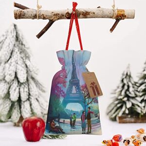 Drawstrings Christmas Gift Bags Spring-Eiffel-Tower-France Presents Wrapping Bags Xmas Gift Wrapping Sacks Pouches Medium