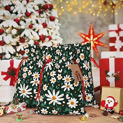 Drawstrings Christmas Gift Bags Watercolor-Daisy-Floral-Summer Presents Wrapping Bags Xmas Gift Wrapping Sacks Pouches Medium