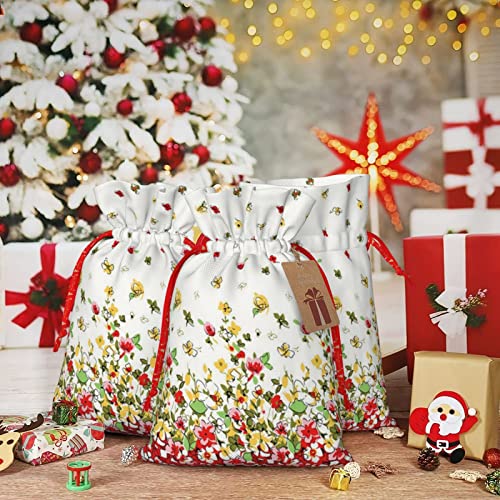 Drawstrings Christmas Gift Bags Watercolor-Floral-Bee-Butterfly Presents Wrapping Bags Xmas Gift Wrapping Sacks Pouches Medium