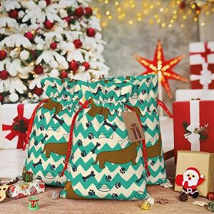 Drawstrings Christmas Gift Bags Cartoon-Dachshunds-Bones-Paw Presents Wrapping Bags Xmas Gift Wrapping Sacks Pouches Medium