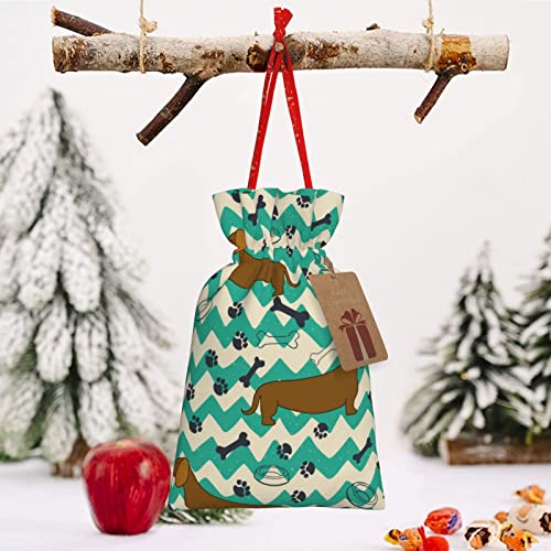 Drawstrings Christmas Gift Bags Cartoon-Dachshunds-Bones-Paw Presents Wrapping Bags Xmas Gift Wrapping Sacks Pouches Medium
