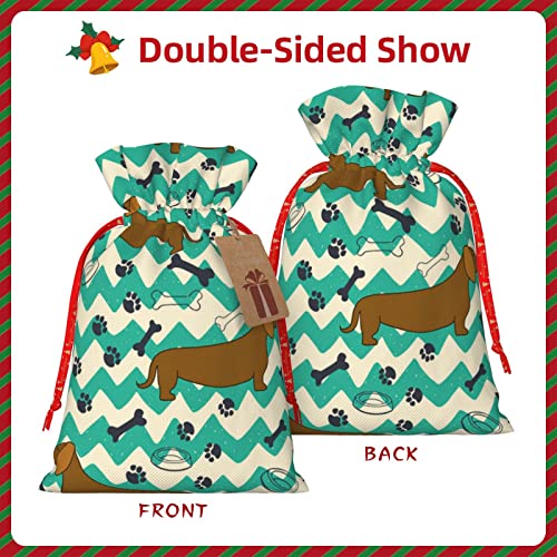 Drawstrings Christmas Gift Bags Cartoon-Dachshunds-Bones-Paw Presents Wrapping Bags Xmas Gift Wrapping Sacks Pouches Medium