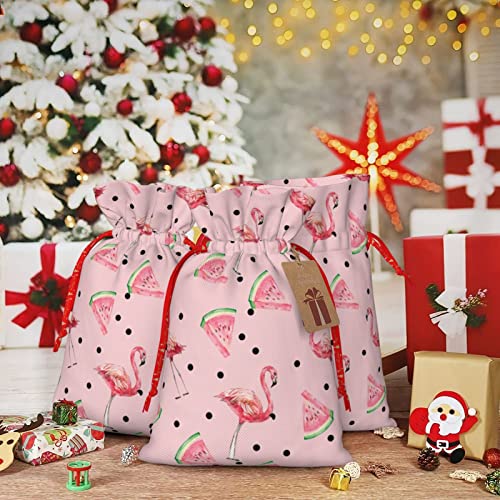 Drawstrings Christmas Gift Bags Summer-Flamingo-Watermelon Presents Wrapping Bags Xmas Gift Wrapping Sacks Pouches Medium