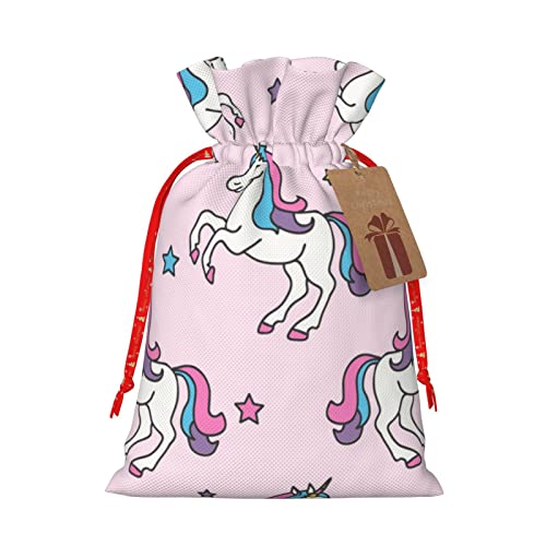 Drawstrings Christmas Gift Bags Cute-Unicorn-Star-Pink Presents Wrapping Bags Xmas Gift Wrapping Sacks Pouches Medium