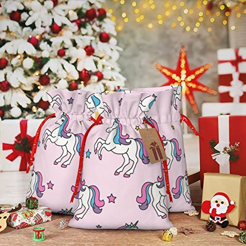 Drawstrings Christmas Gift Bags Cute-Unicorn-Star-Pink Presents Wrapping Bags Xmas Gift Wrapping Sacks Pouches Medium