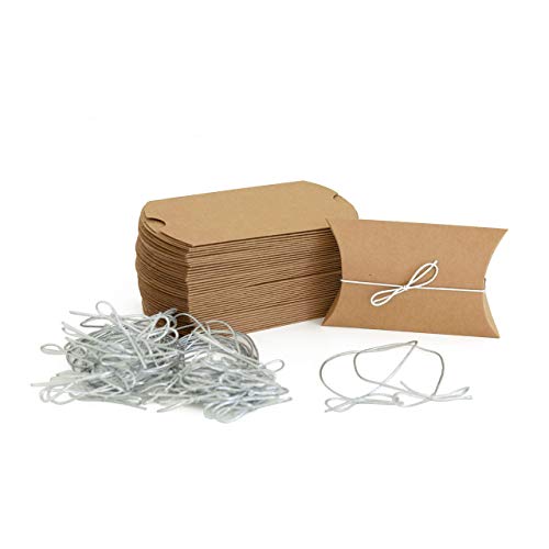 50pcs Kraft Pillow Boxes with 50pcs Silver Elastic Ties - Jewelry Packaging - Gift Card Holder - Soap Packaging - Small Gift Box, Wedding Favors