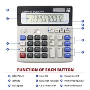 Calculator, Calculators Large Display and Buttons, Solar Battery Dual Power, Big Button 12 Digit Large LCD Display