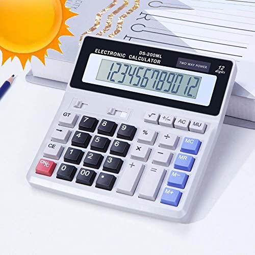 Large Desk Calculator, Basic Scientific Calculators Desktop, 12 Digits Battery Dual Power Mechanical Calculator with Big Button Large Display, 4 Function Financial Calculator for Kids (Grey)