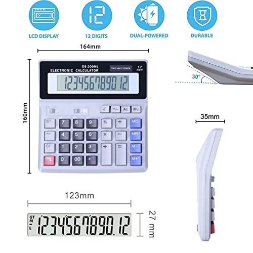 Large Desk Calculator, Basic Scientific Calculators Desktop, 12 Digits Battery Dual Power Mechanical Calculator with Big Button Large Display, 4 Function Financial Calculator for Kids (Grey)