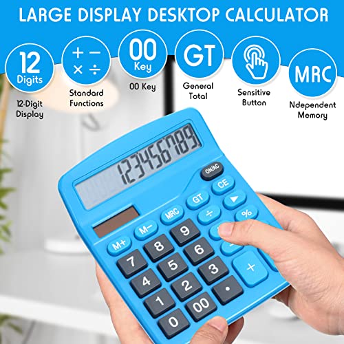 Konohan 8 Pieces 12-Digit Calculator, Solar Basic Desktop Calculator Large Display Electronic Calculators Dual Power Handheld Calculator for Home Office School (Dark Blue)