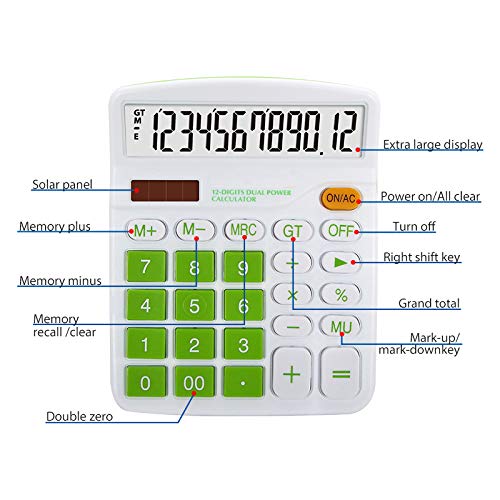 Meichoon Calculator Desktop Solar Battery Dual Power, 12 Digit Large LCD Display Financial Dedicated Calculator Large Standard Function Desktop Business Calculator for Office/Home/School KA08 Green