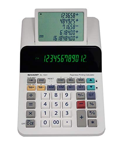 Sharp El-1501 Compact Cordless Paperless Large 12-Digit Display Desktop Printing Calculator That Utilizes Printing Calculator Logic