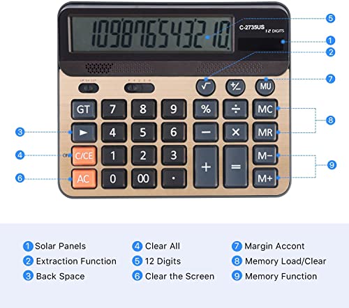 Calculator, Solar Battery Calculator Dual Power Large Standard Function Desktop Business Calculators, 12-Digit LCD Display Big Number Electronics Calculator for Office Finance School Student