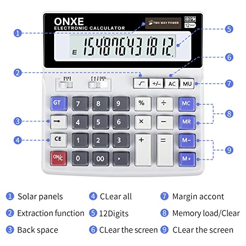 Calculator,ONXE Standard Basic 4 Function Desk Calculator, Dual Power, Big Button 12 Digit Large LCD Display,Desktop Calculators for Office School Financial Accounting Business (White)