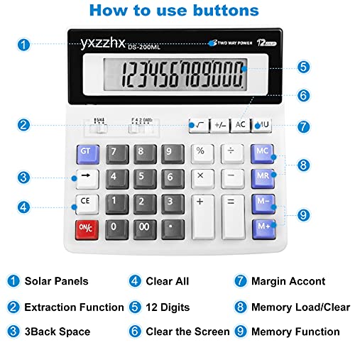 Desk Calculator 12 Digit Extra Large 4.3-Inch LCD Display, Two Way Power Battery and Solar Calculators Desktop, Big Buttons Easy to Press Used as Office Calculators for Desk