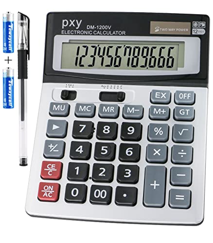 Desk Calculator 12 Digit Extra Large LCD Display, Touch Comfortable with Big Buttons, PXY Two Way Power Battery and Solar Standard Function Office Calculators