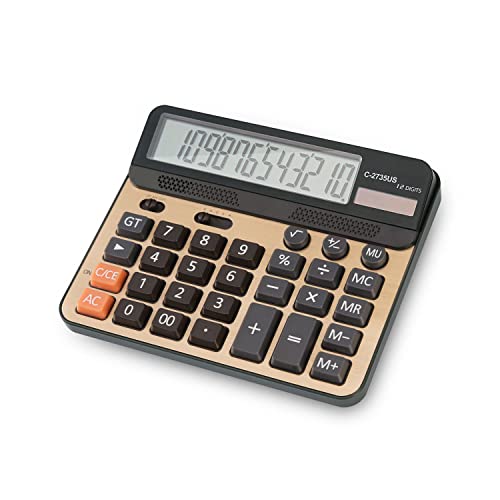 Calculators, Solar Battery Calculator Dual Power Large Standard Function Desktop Business Calculator with 12 Digit Large LCD Display Convenient for Office Home Student Finance Accounting- Gold