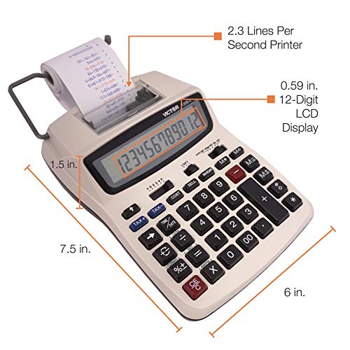 Victor Printing Calculator, 1208-2 Compact and Reliable Adding Machine with 12 Digit LCD Display, Battery or AC Powered, Includes Adapter,White