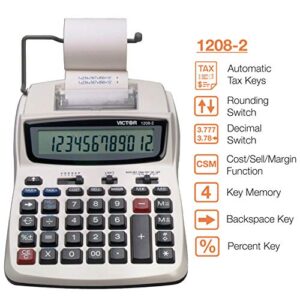 Victor Printing Calculator, 1208-2 Compact and Reliable Adding Machine with 12 Digit LCD Display, Battery or AC Powered, Includes Adapter,White