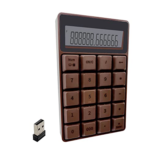 Seaciyan Wireless Number Pad, Ergonomic Cute Mini Portable Digital Keyboard, Cordless External Numeric Keypad with Financial Accounting Calculator (Brown)