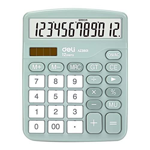 Calculator, Deli Standard Function Desktop Calculators with 12 Digit Large LCD Display and Sensitive Button, Solar Battery Dual Power Office Calculator, Green