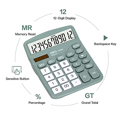 Calculator, Deli Standard Function Desktop Calculators with 12 Digit Large LCD Display and Sensitive Button, Solar Battery Dual Power Office Calculator, Green