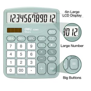 Calculator, Deli Standard Function Desktop Calculators with 12 Digit Large LCD Display and Sensitive Button, Solar Battery Dual Power Office Calculator, Green