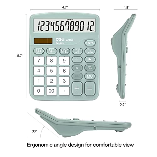 Calculator, Deli Standard Function Desktop Calculators with 12 Digit Large LCD Display and Sensitive Button, Solar Battery Dual Power Office Calculator, Green