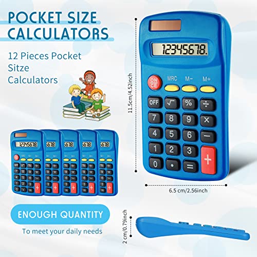 12 Piece Pocket Size Mini Calculators Solar Powered Calculators Handheld 8 Digit Display Basic Calculators Dual Power Basic Calculator Pocket Calculator for Office Students Kids, No Battery