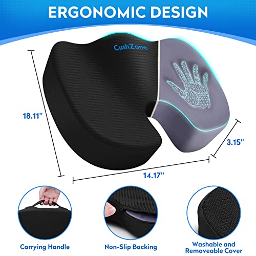 CushZone Seat Cushion Office Chair Cushions, Car Seat Cushion, Memory Foam Coccyx Cushion for Tailbone Pain Office Chair Car Seat Cushion, Sciatica, Coccyx, Lower Back Pain Relief (Black)